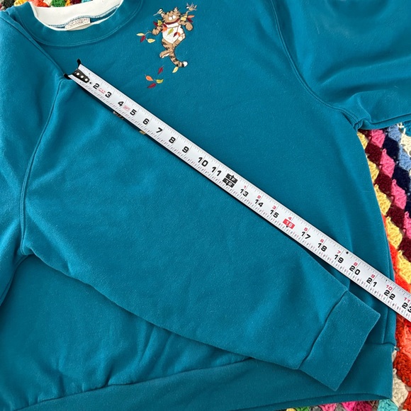 Vintage Y2K Cat Embroidered Patchwork Morning Sun Teal Double Collar Ove… - Picture 7 of 11